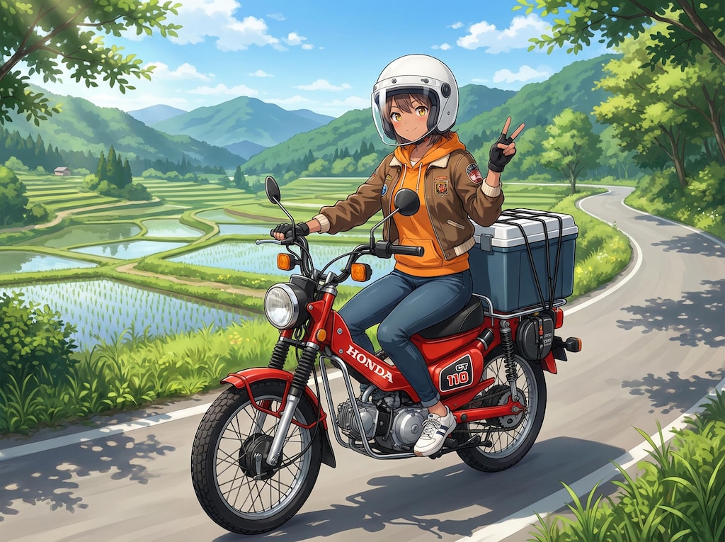 日焼け跡さんをカブ系バイクに乗せてみた。