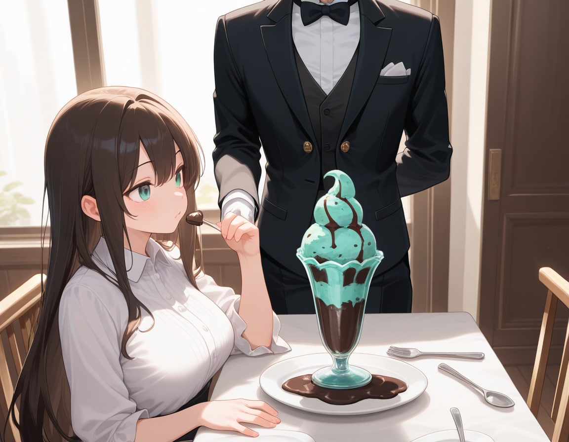 お嬢様にチョコミントアイスを振る舞う執事