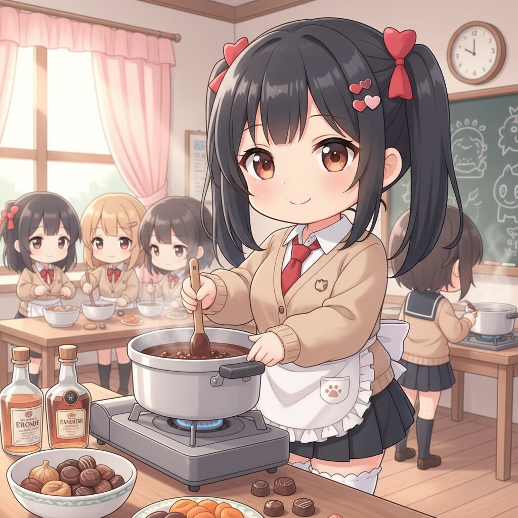 黒ツイさん。バレンタイン。料理部。アニメ風。chibi. | の人気AIイラスト・グラビア