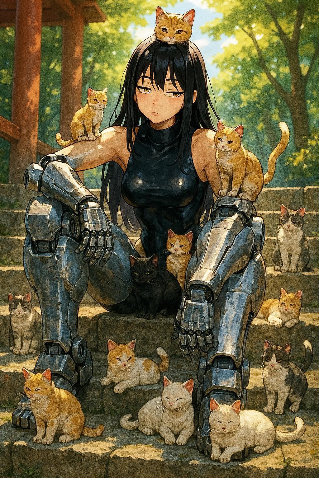 猫に囲まれるサイボーグさん