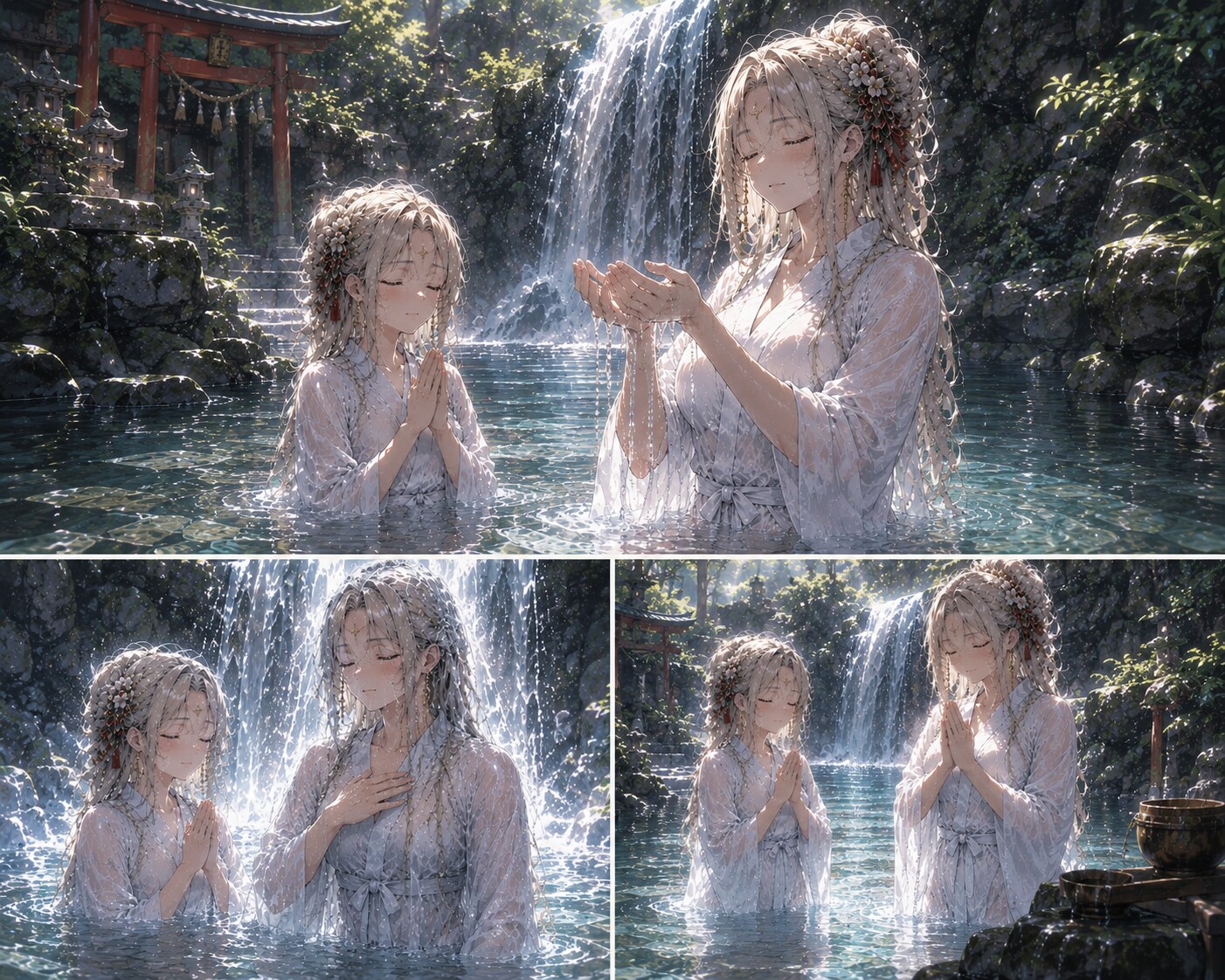 白蓮神社の狛犬巫女　滝行中母娘2