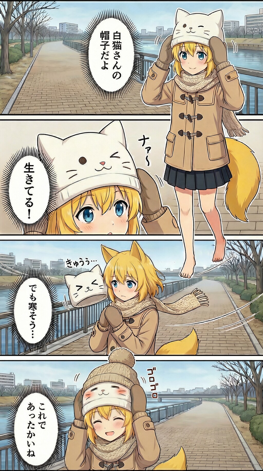 冬の川沿いの遊歩道で冷たい風にマフラーの端がふわりと揺れて枯れ木の枝がカサカサ鳴る中いつもよりちょっとだけ得意げに新しく買った白猫帽子を…