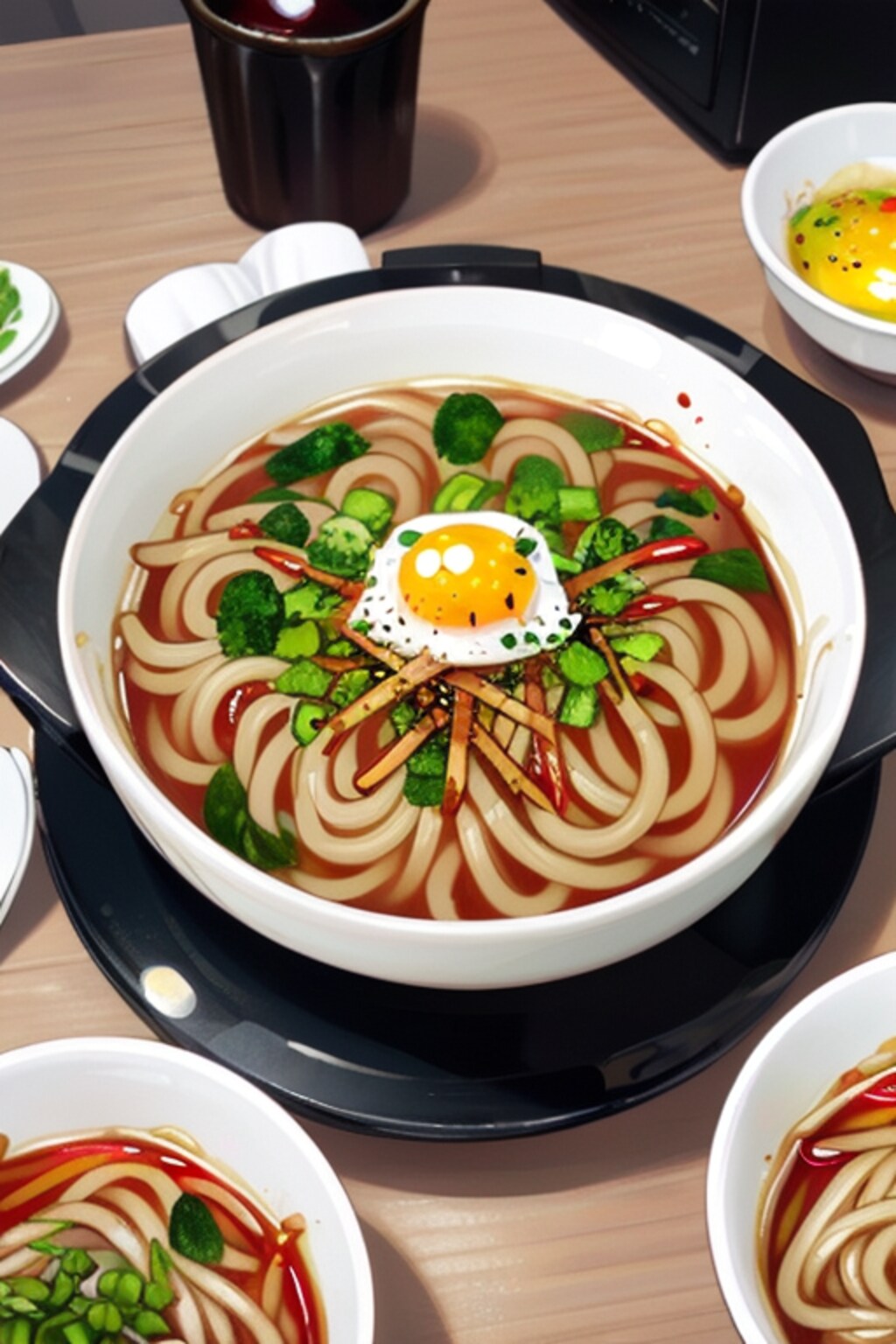 Boiled hot udon noodles with raw egg and soy sauce