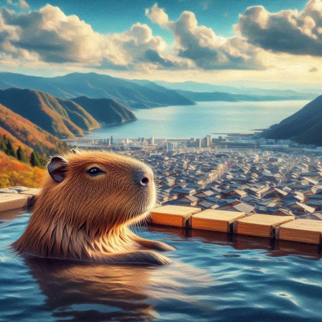 油絵、日本一の別府温泉の露天風呂に癒されるカピバラ