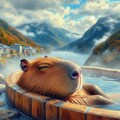 油絵、日本一の別府温泉の露天風呂に癒されるカピバラ 4枚目