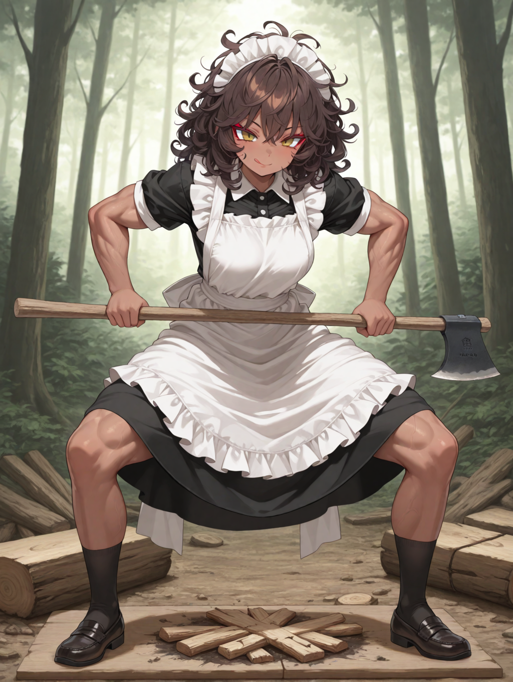 薪割りをするエバさん