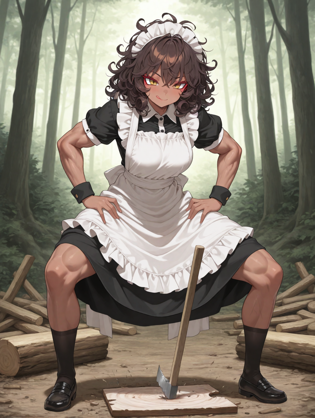 薪割りをするエバさん