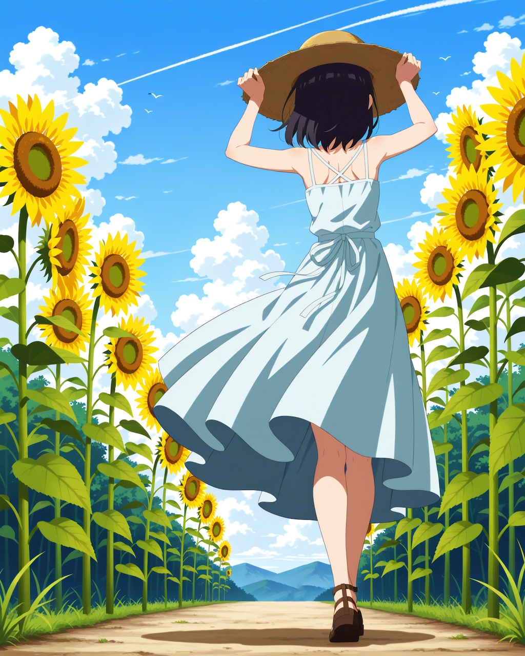 ひまわり畑と少女