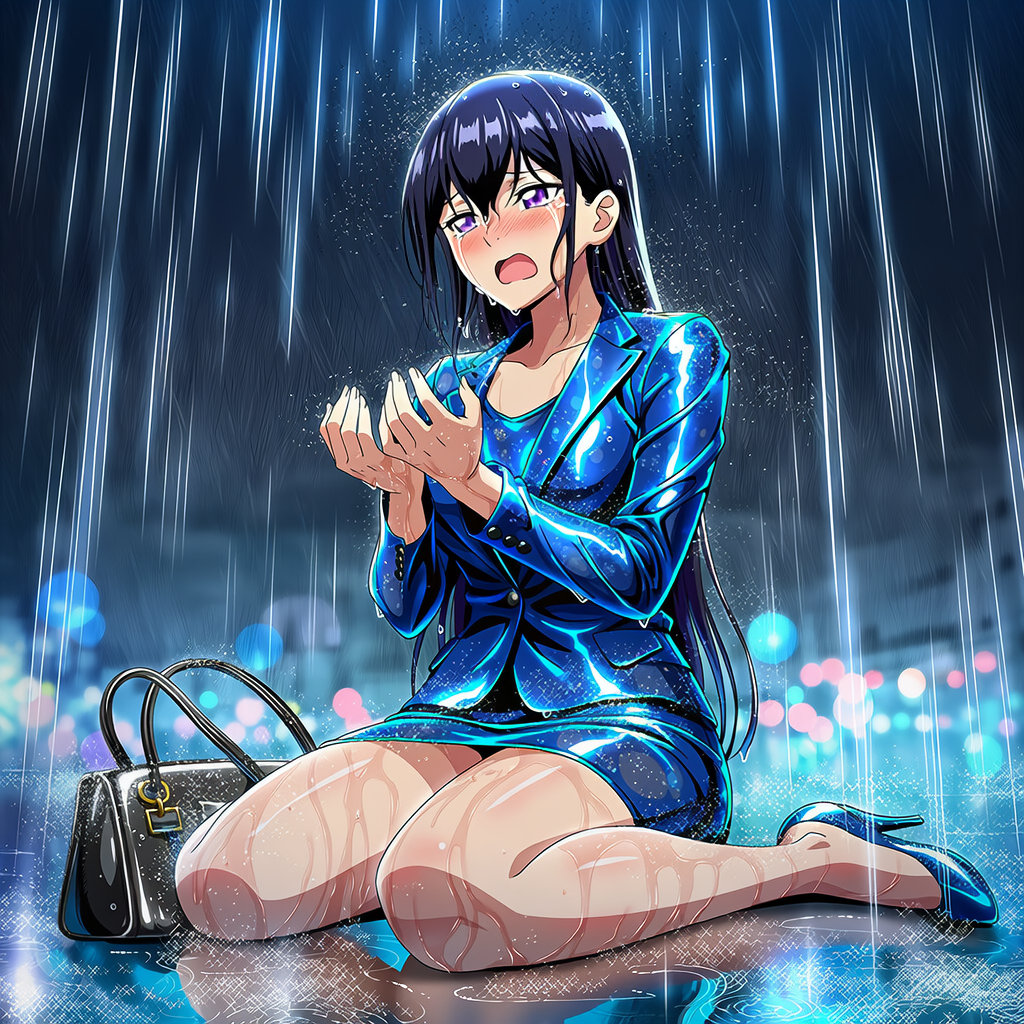 雨で転んで座り込んでしまうスーツ美女