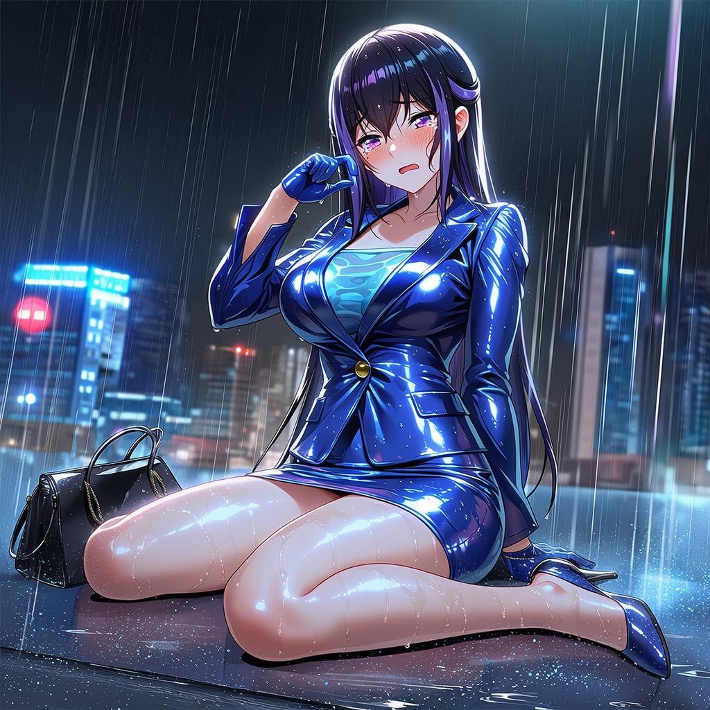 雨で転んで座り込んでしまうスーツ美女