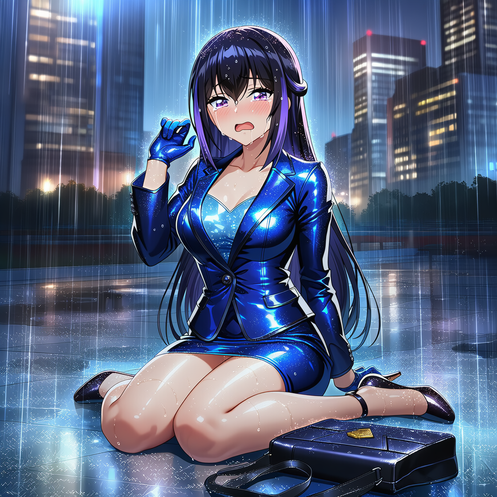 雨で転んで座り込んでしまうスーツ美女