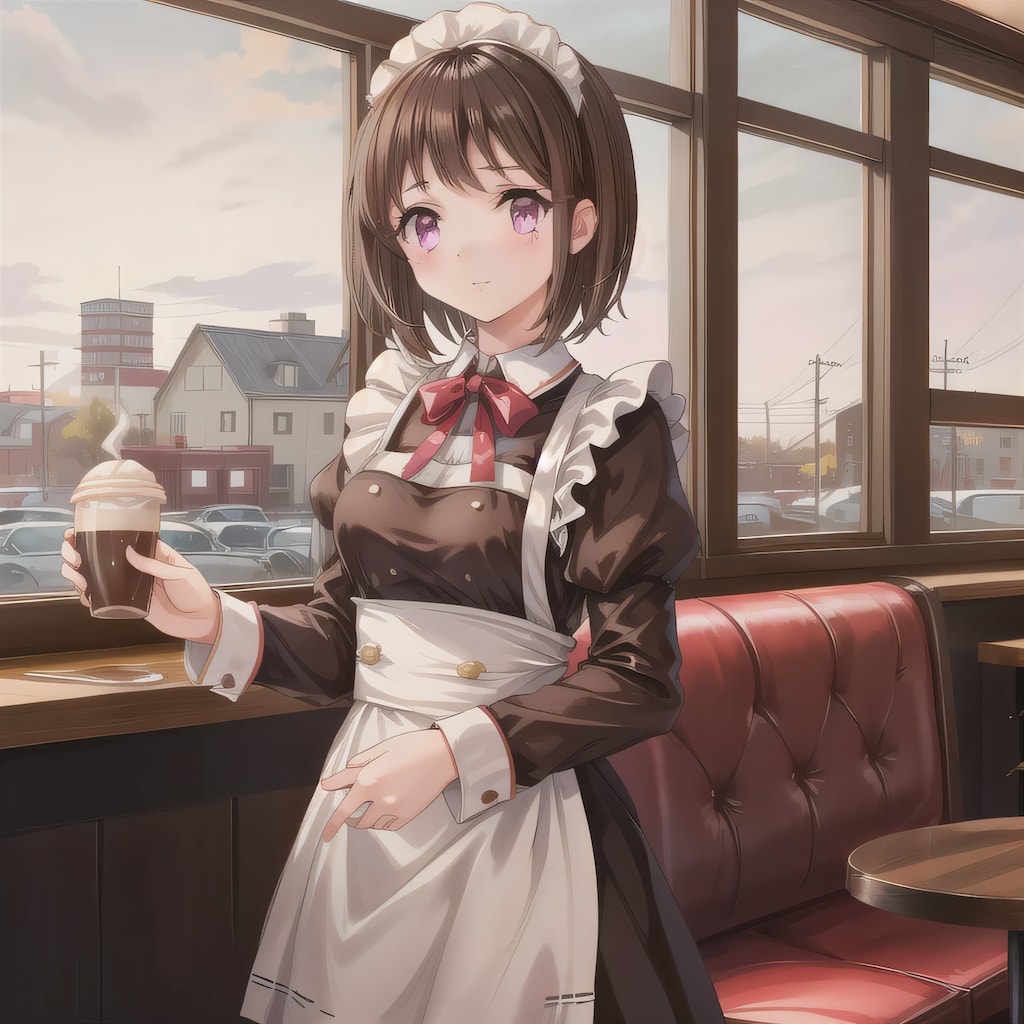 黒髪ボブでカフェの少女