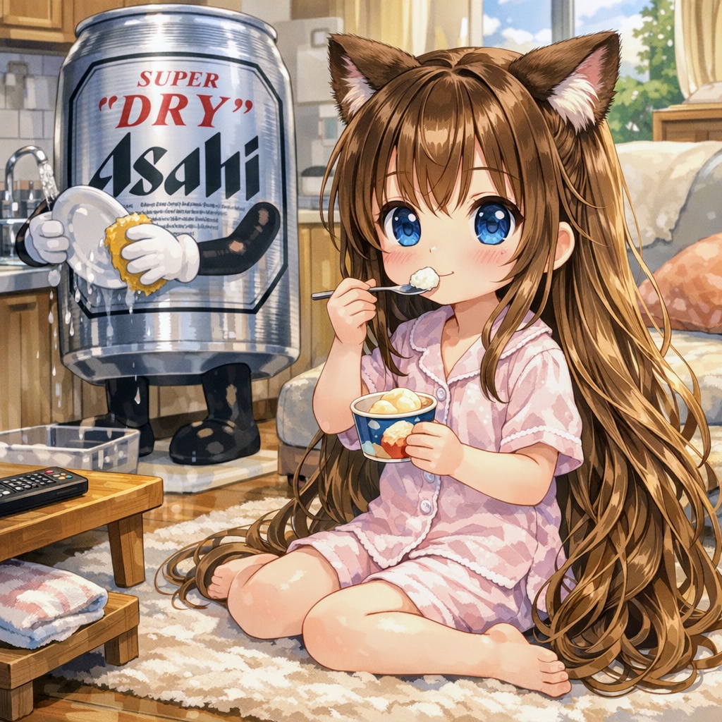 お風呂上がりにアイスを食べる小さな女の子