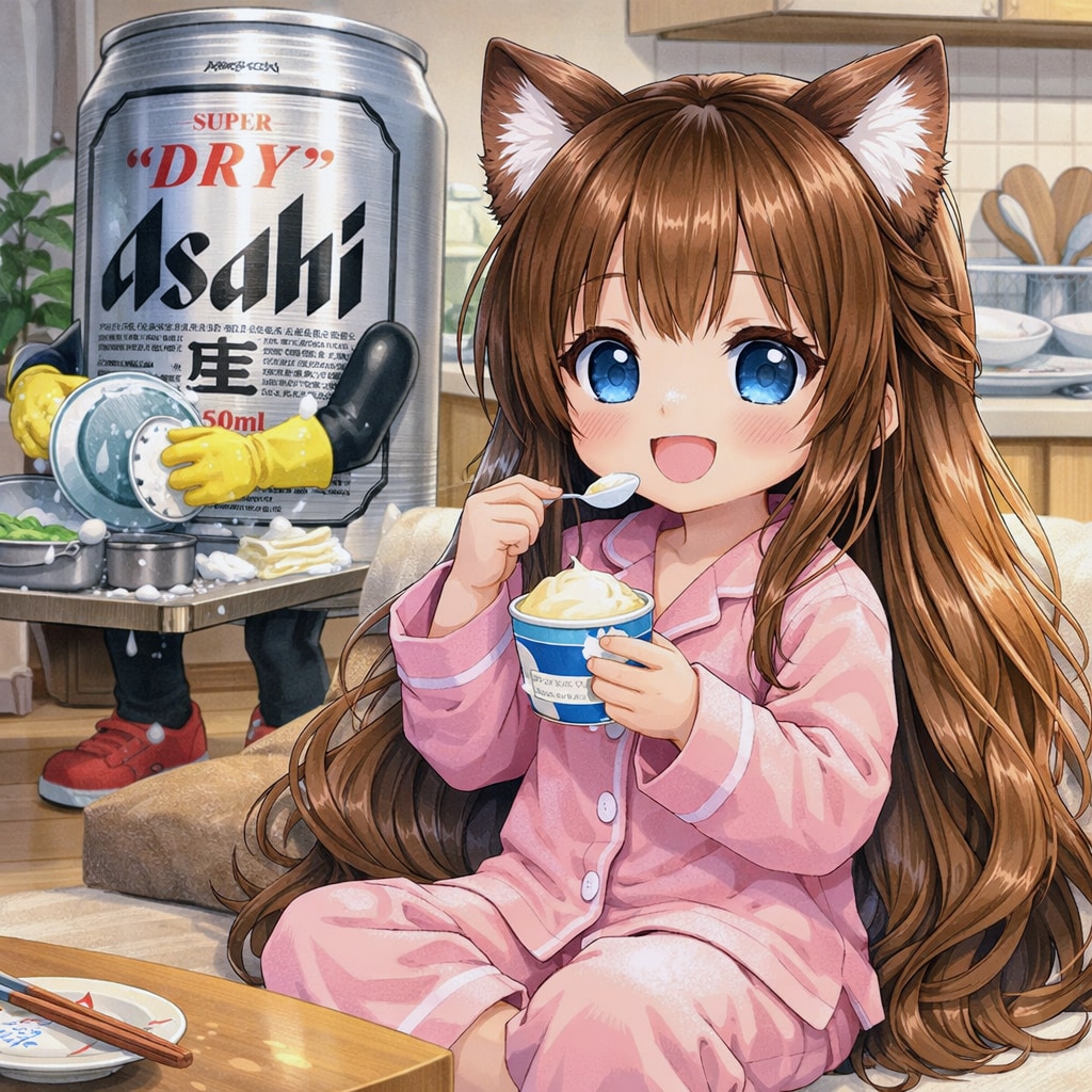 お風呂上がりにアイスを食べる小さな女の子
