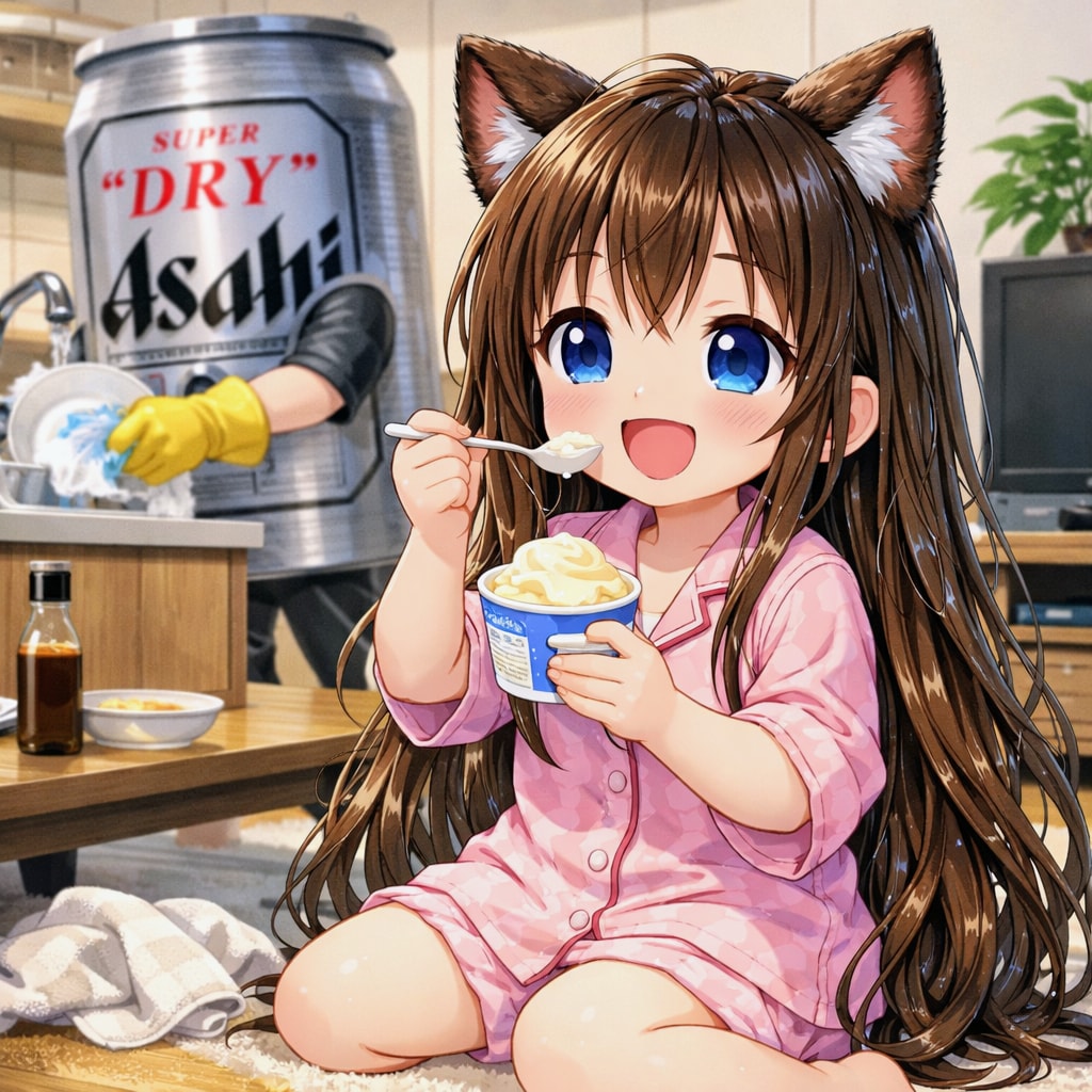 お風呂上がりにアイスを食べる小さな女の子