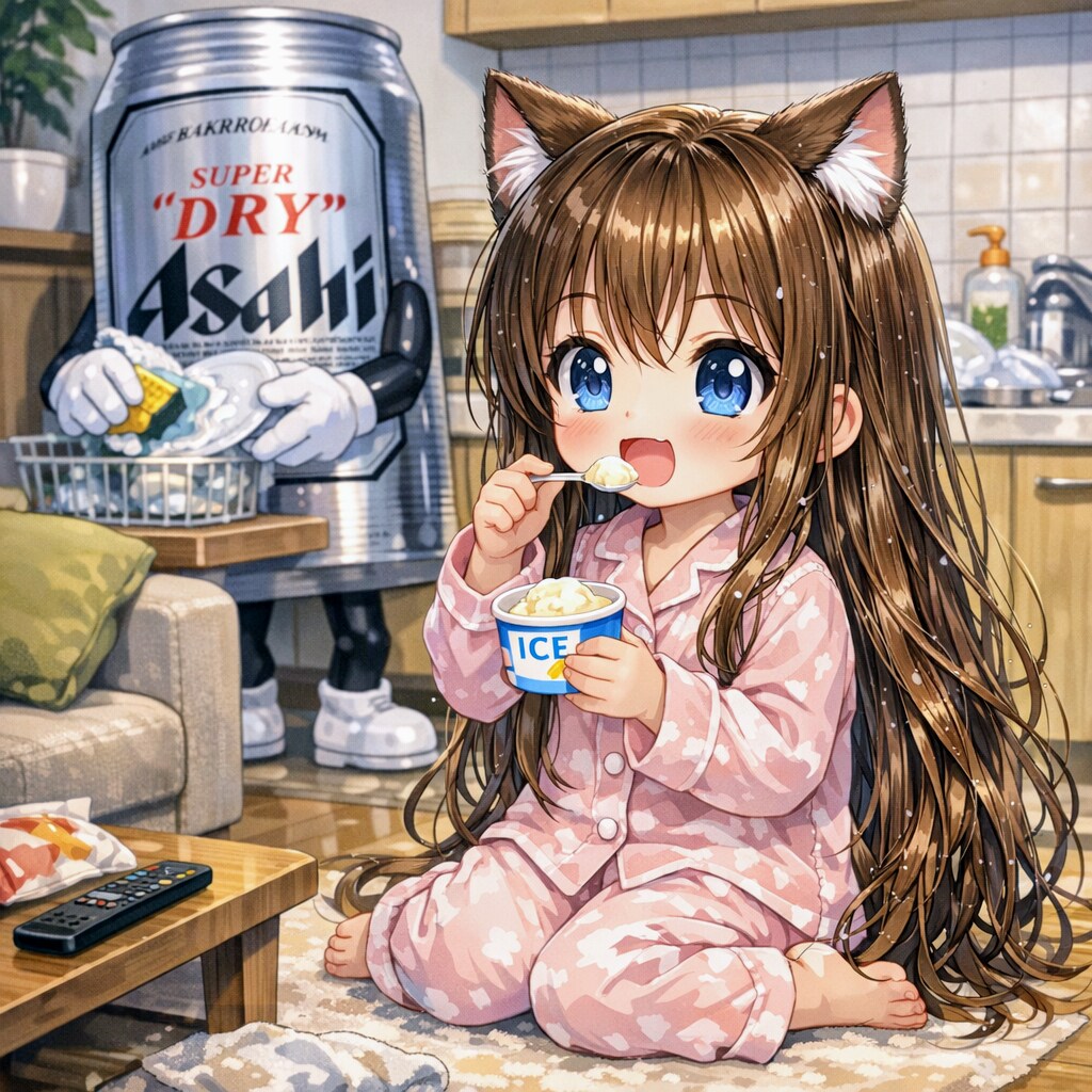 お風呂上がりにアイスを食べる小さな女の子 | の人気AIイラスト・グラビア