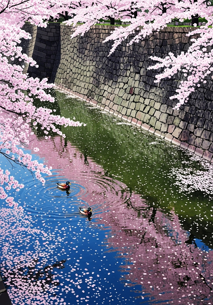 堀の桜と鴨 | の人気AIイラスト・グラビア