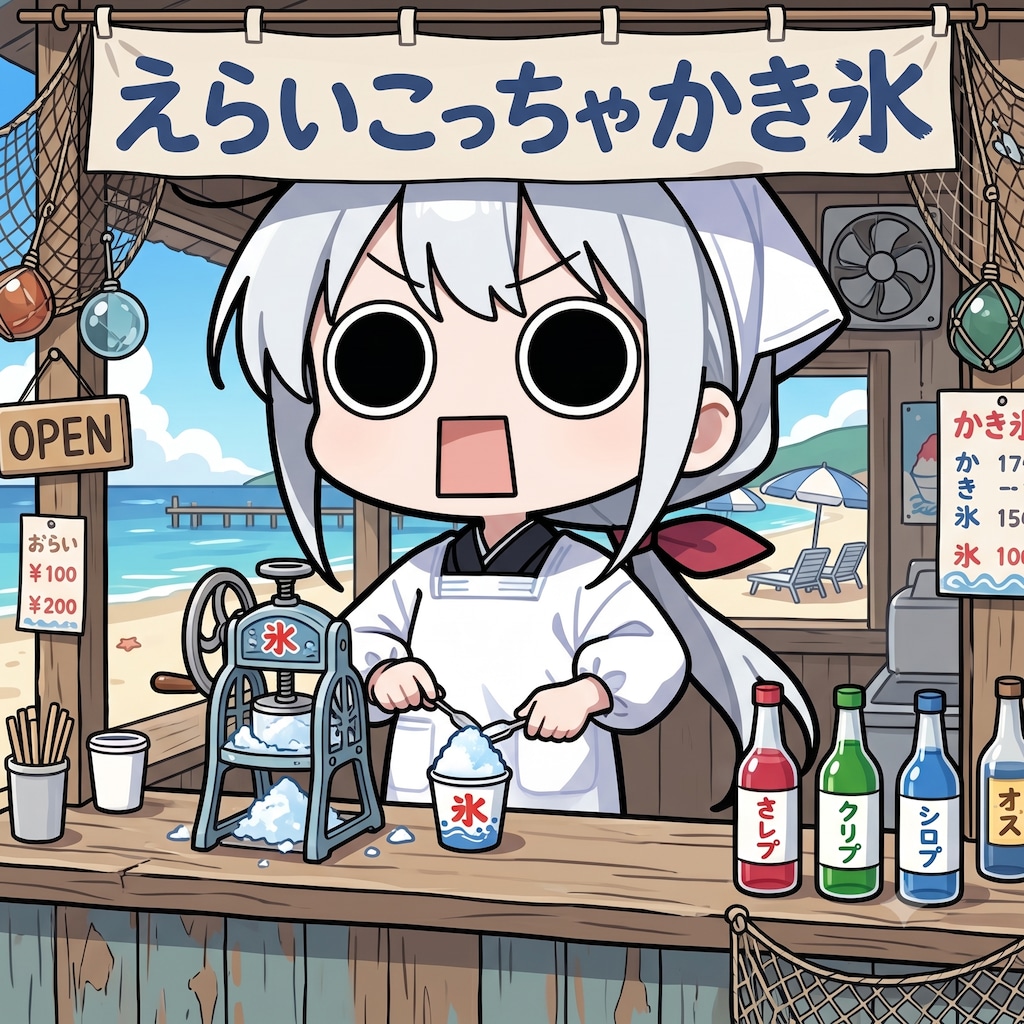 海の家屋台でかき氷を販売するえらいこっちゃ嬢