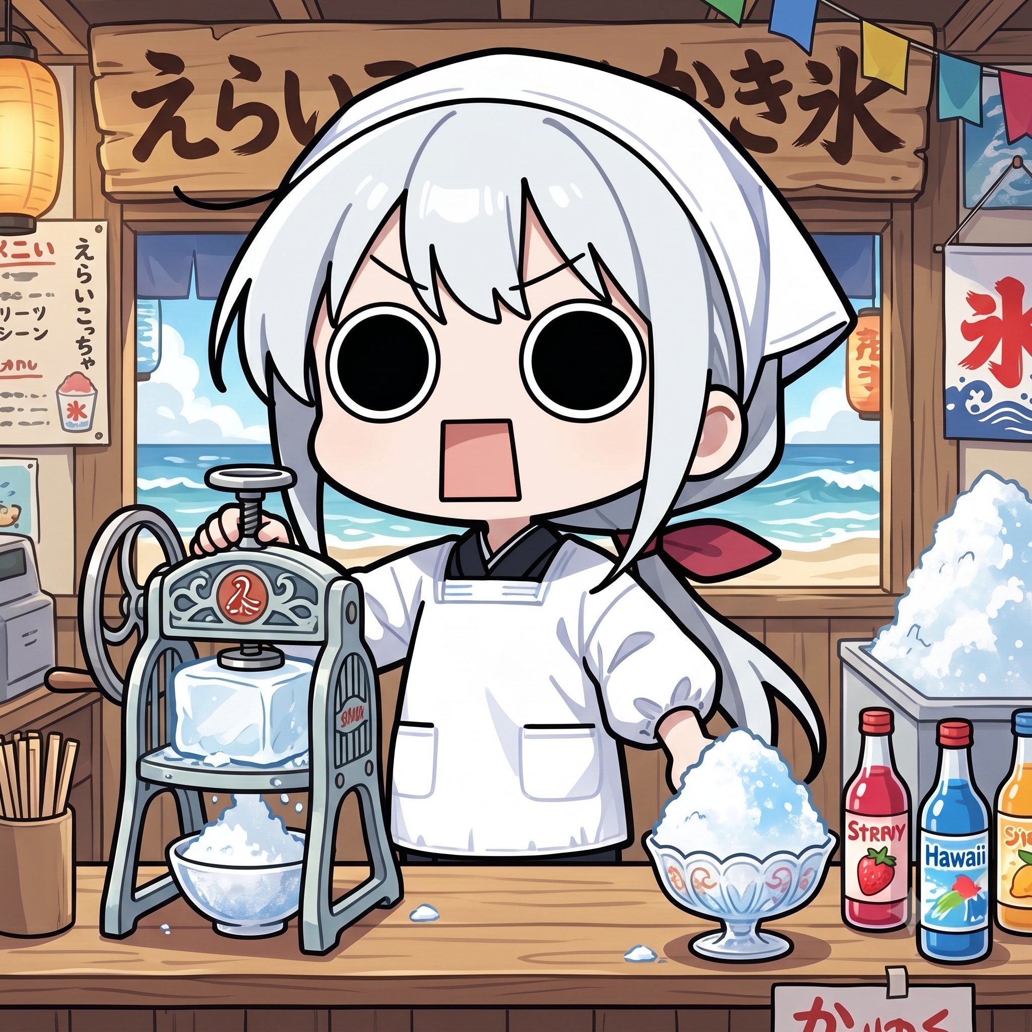 海の家屋台でかき氷を販売するえらいこっちゃ嬢