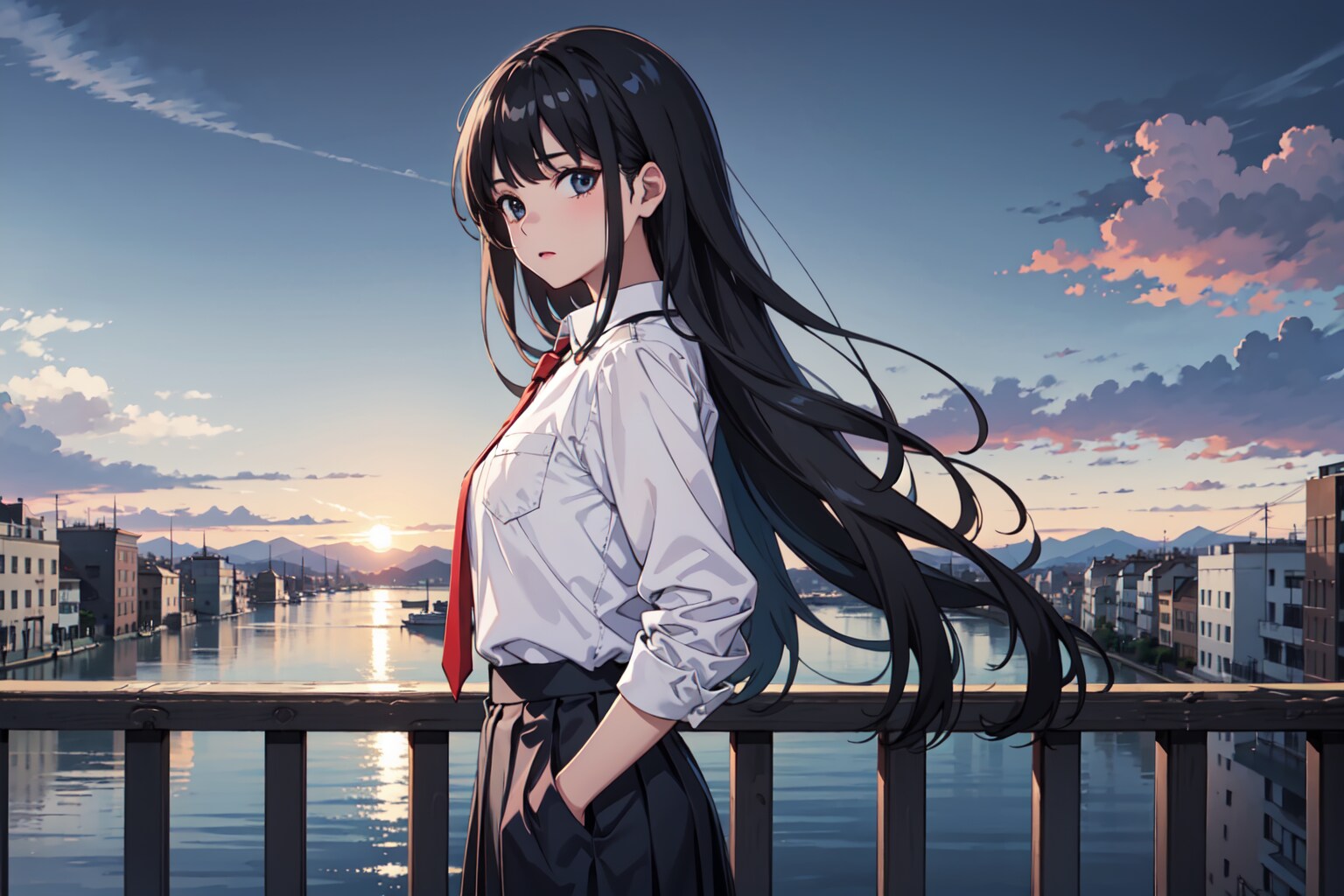 朝焼け、橋、女の子