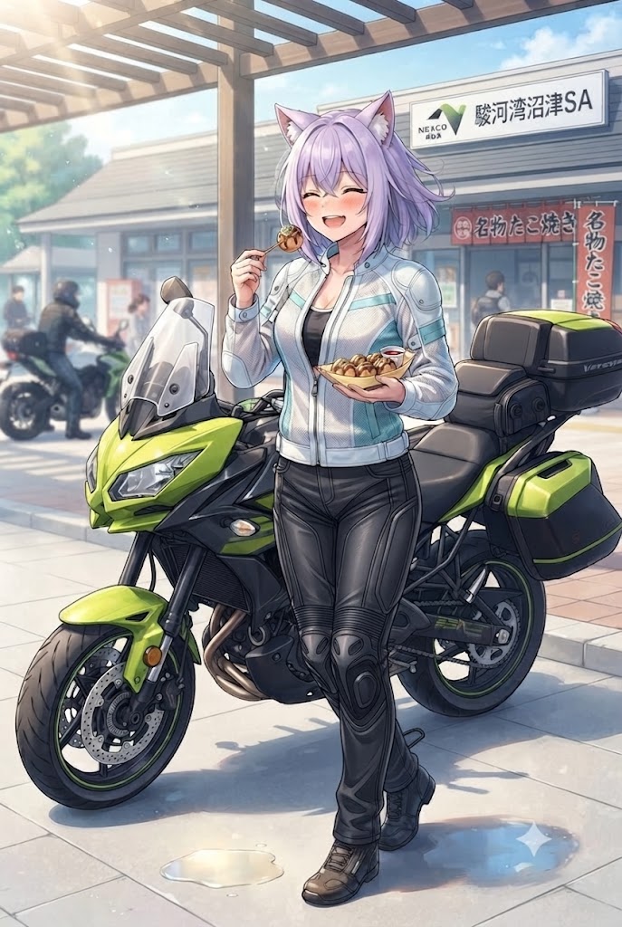 たこ焼きを食べるライダースーツのシス