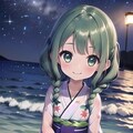 夜の海辺で浴衣を着て 3枚目