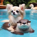 チワワとカワウソがプール 3枚目