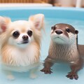 チワワとカワウソがプール 2枚目