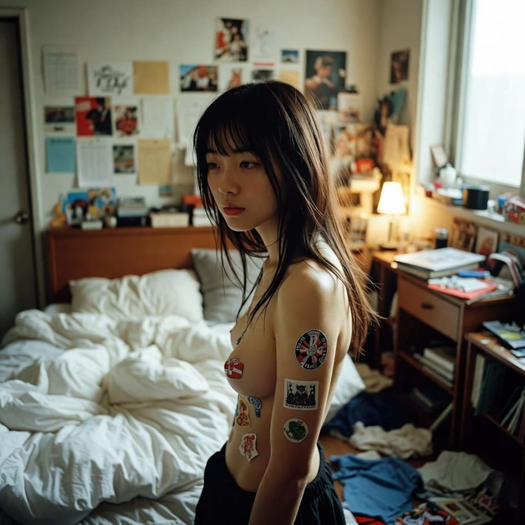 ステッカーを貼る女