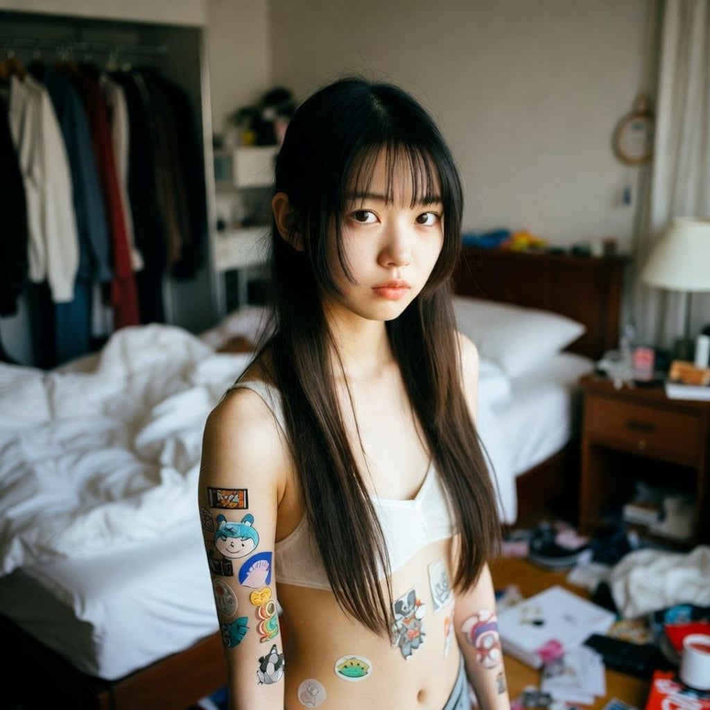 ステッカーを貼る女