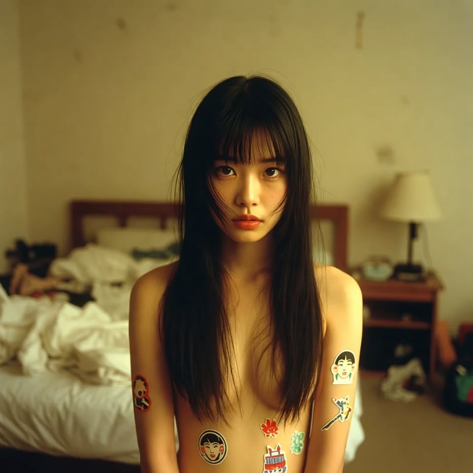 ステッカーを貼る女