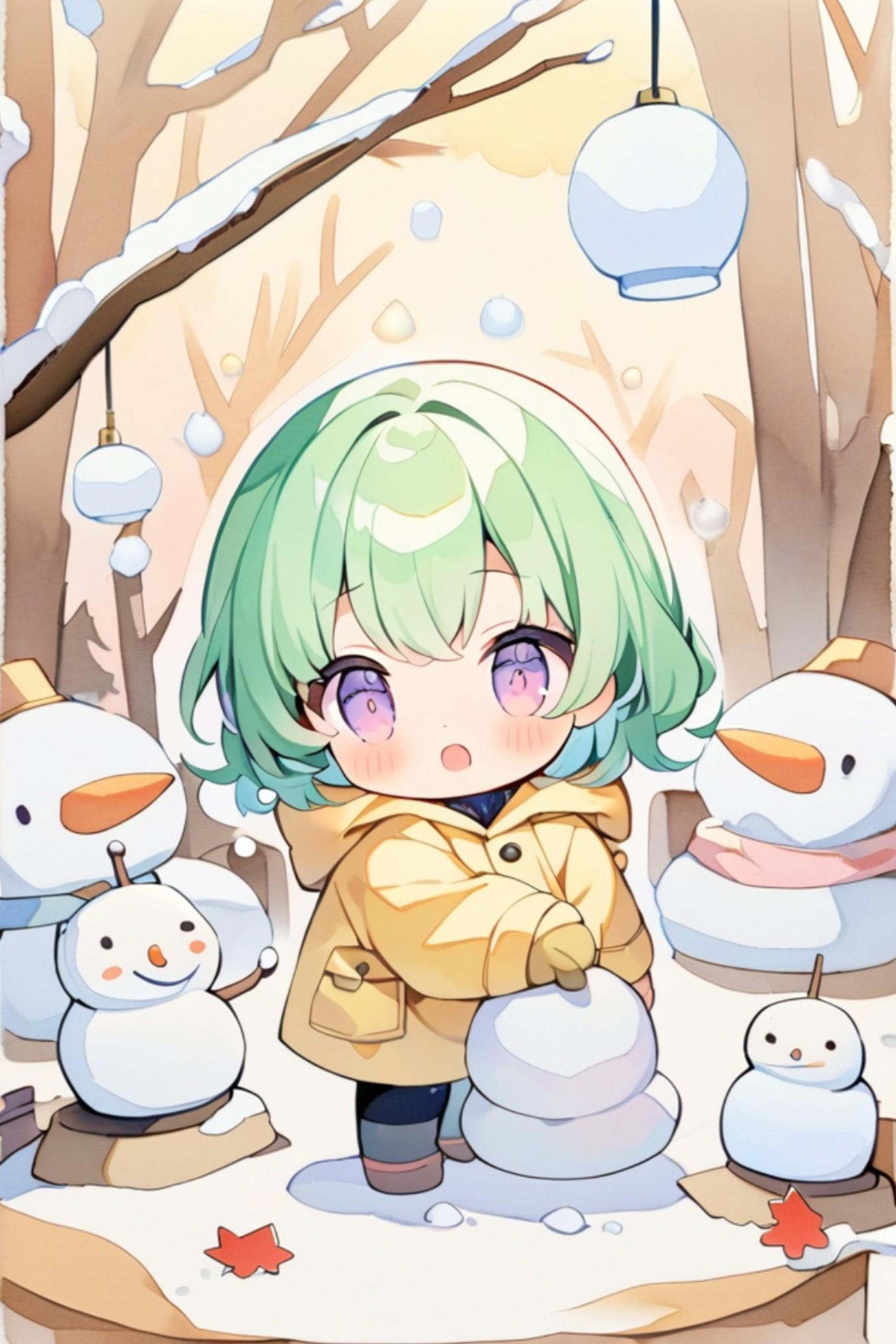 雪だるまと緑髪ちゃん
