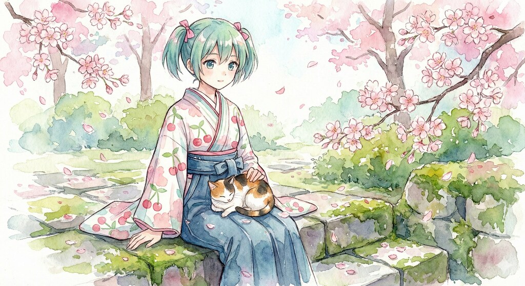 水彩画ミクさん　穏やかな春の陽だまり