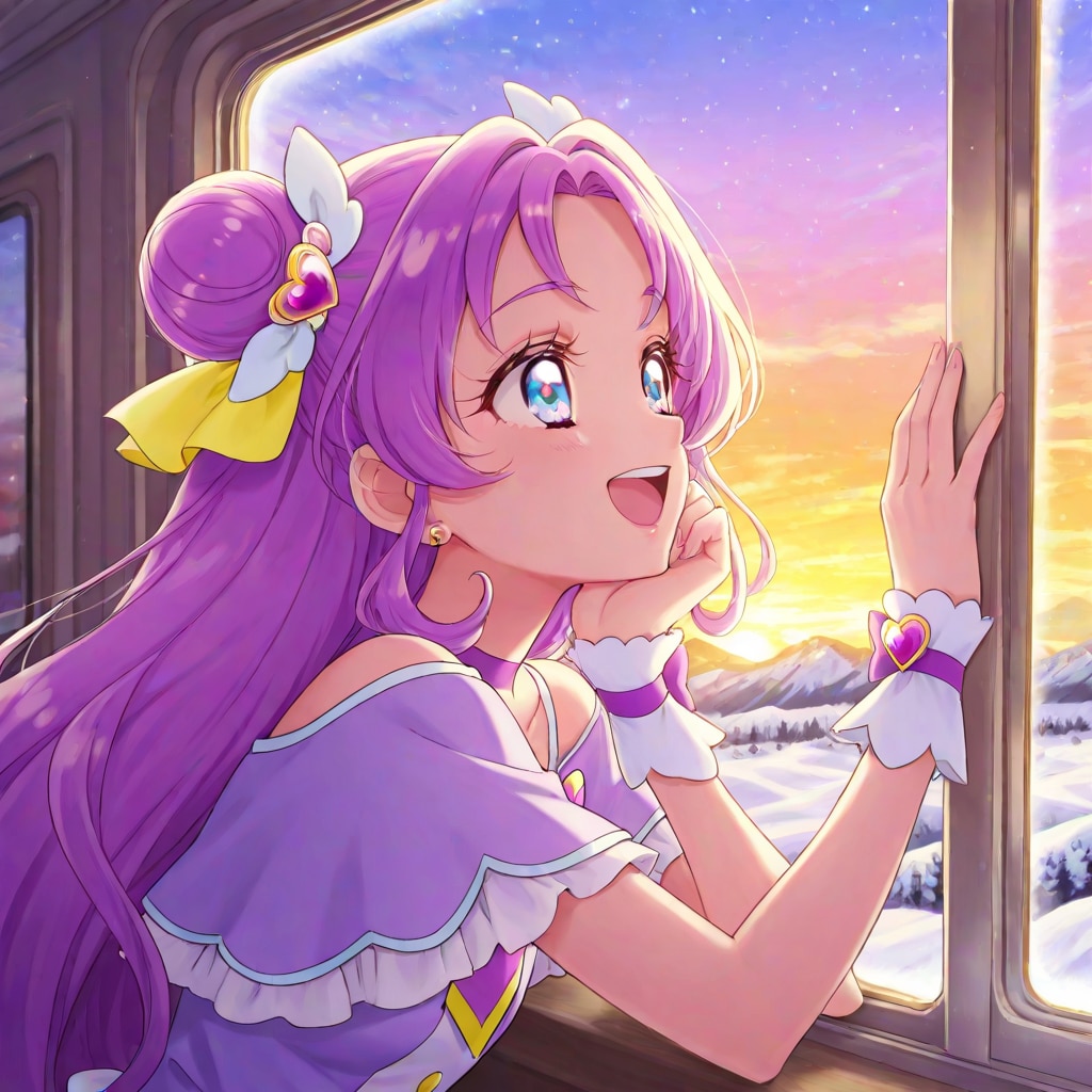 キュアアンサー、雪山が見える列車の中で寛ぐ