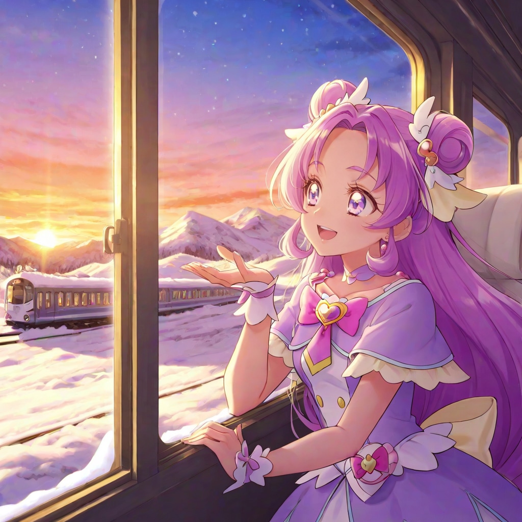 キュアアンサー、雪山が見える列車の中で寛ぐ