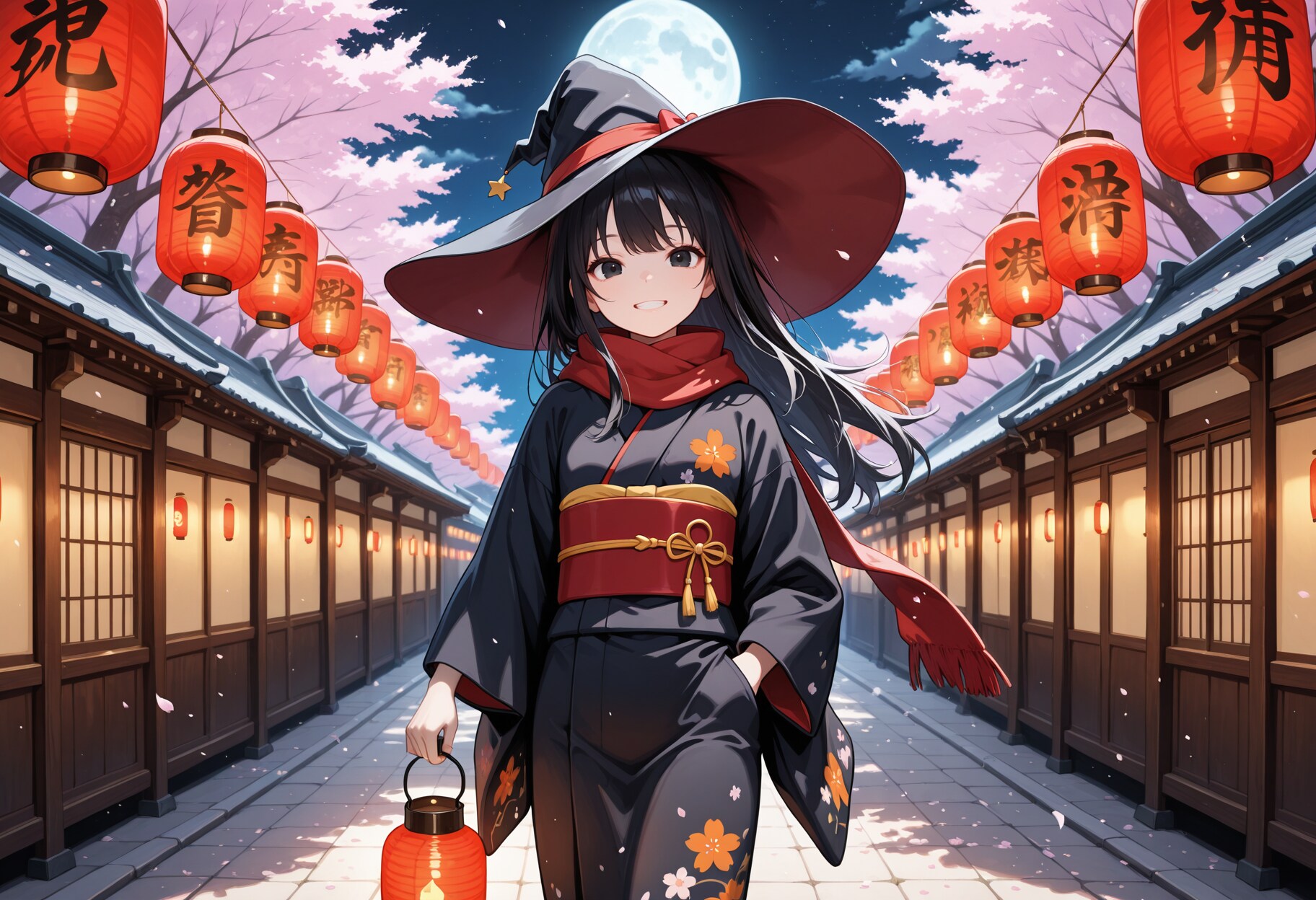 夜桜と提灯と着物魔女さん | の人気AIイラスト・グラビア