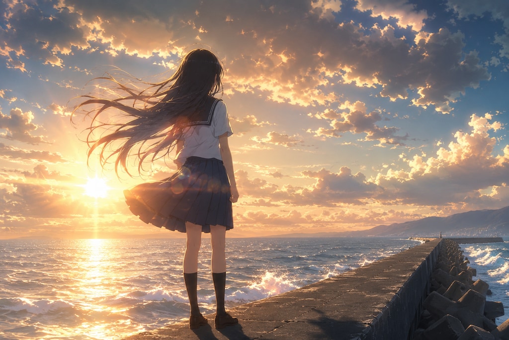 海を眺める少女