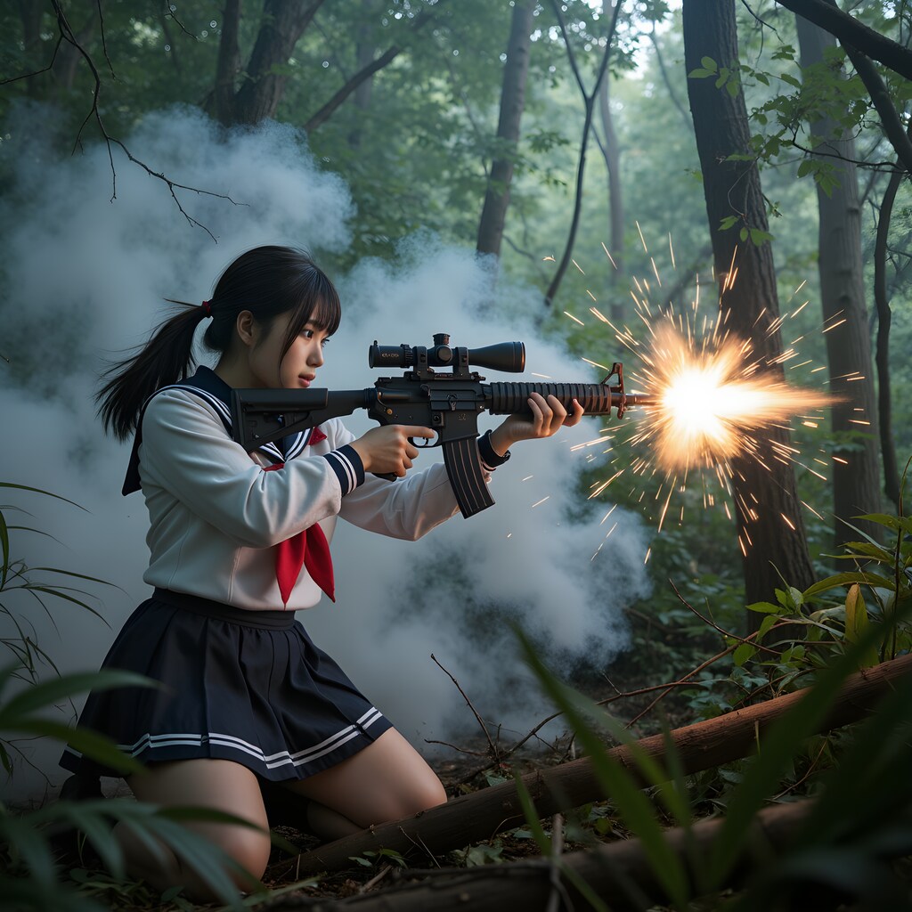 ライフル銃を撃つJK