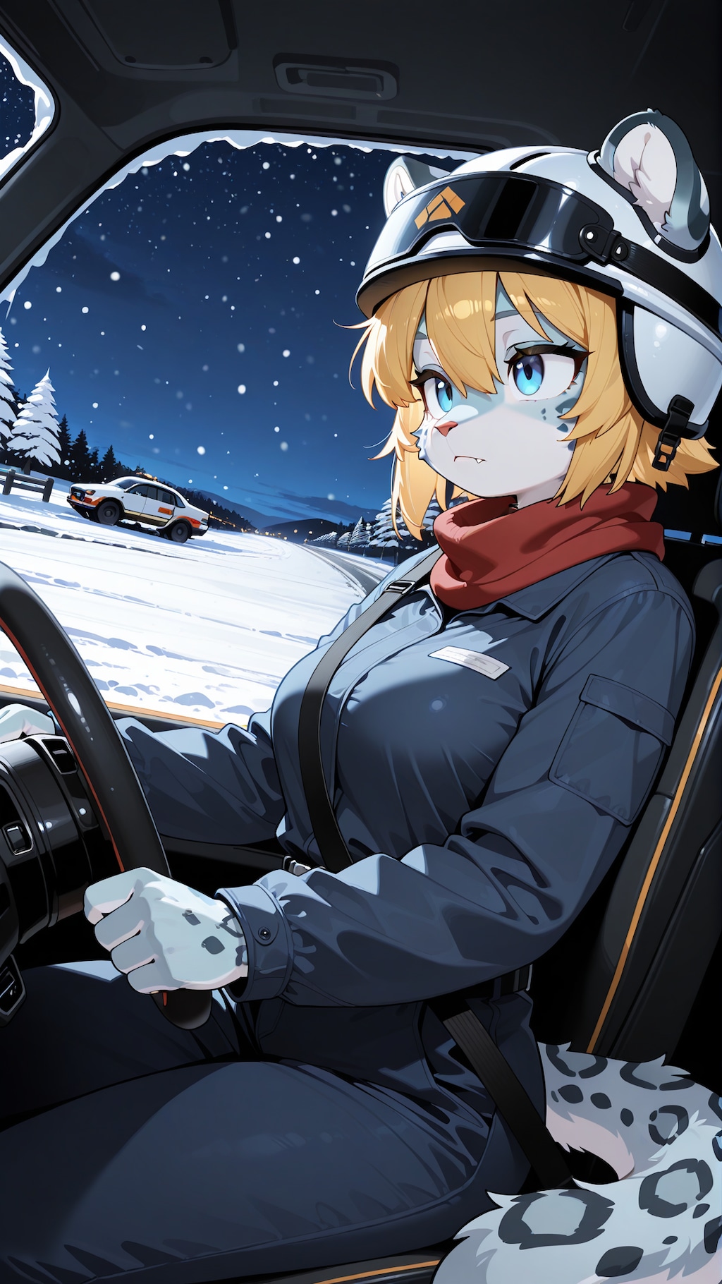 除雪車を運転するユキヒョウちゃん