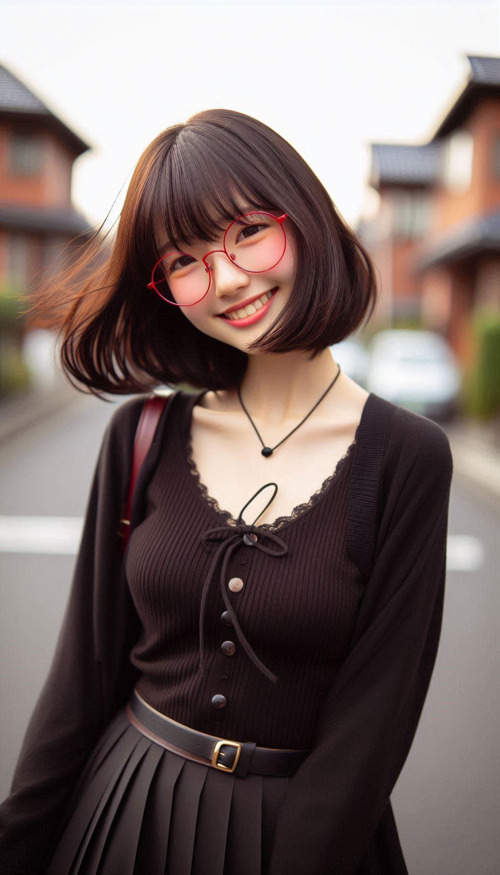 眼鏡女子 楓の黒色ファッション