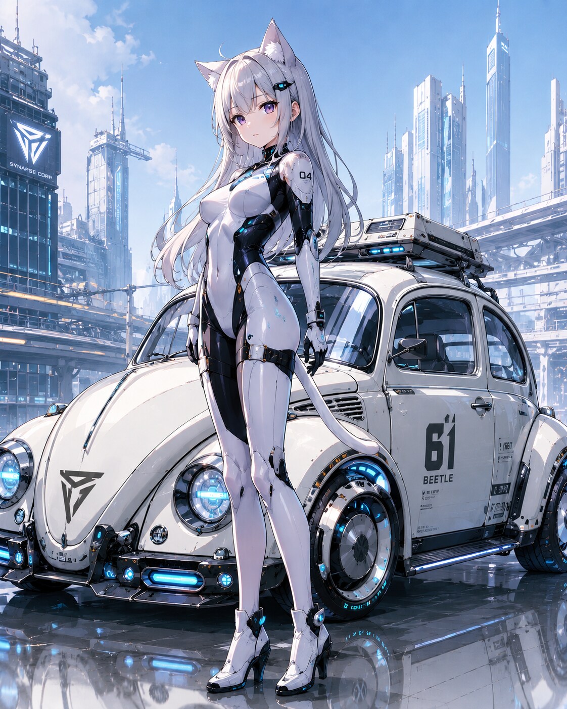 未来都市の中の猫耳少女