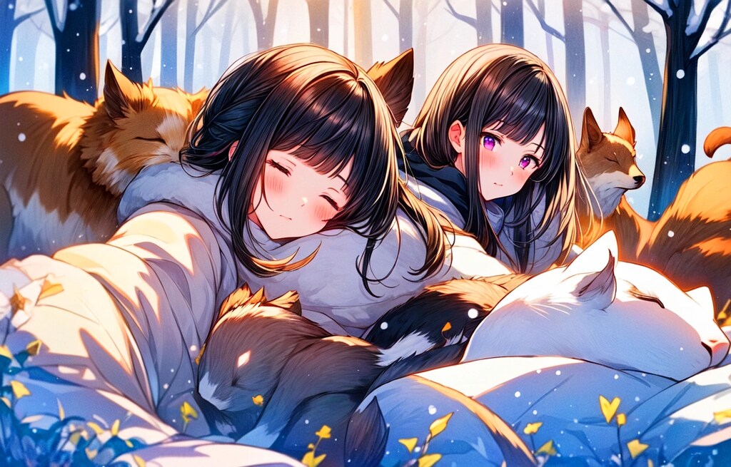 毛布にくるまって動物達と眠る、うちの子（2枚）