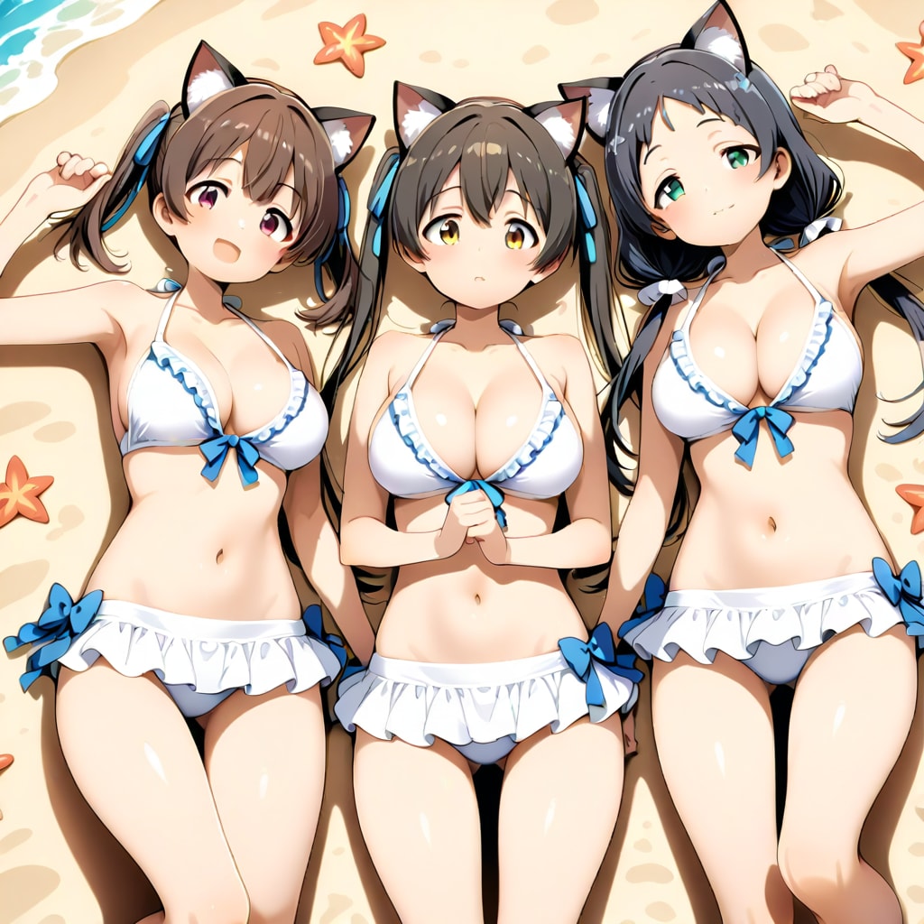 リゾートの海に来た3人（真ん中が紅葉ちゃん、左が涼葉ちゃん、右が椛ちゃん）