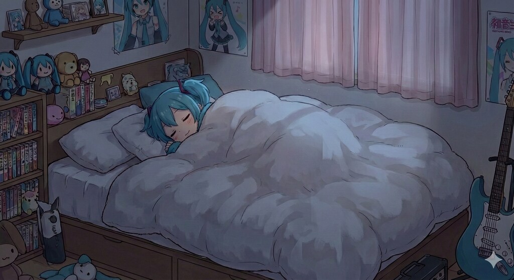 新しいお布団で気持ちよさそうなミクちゃん