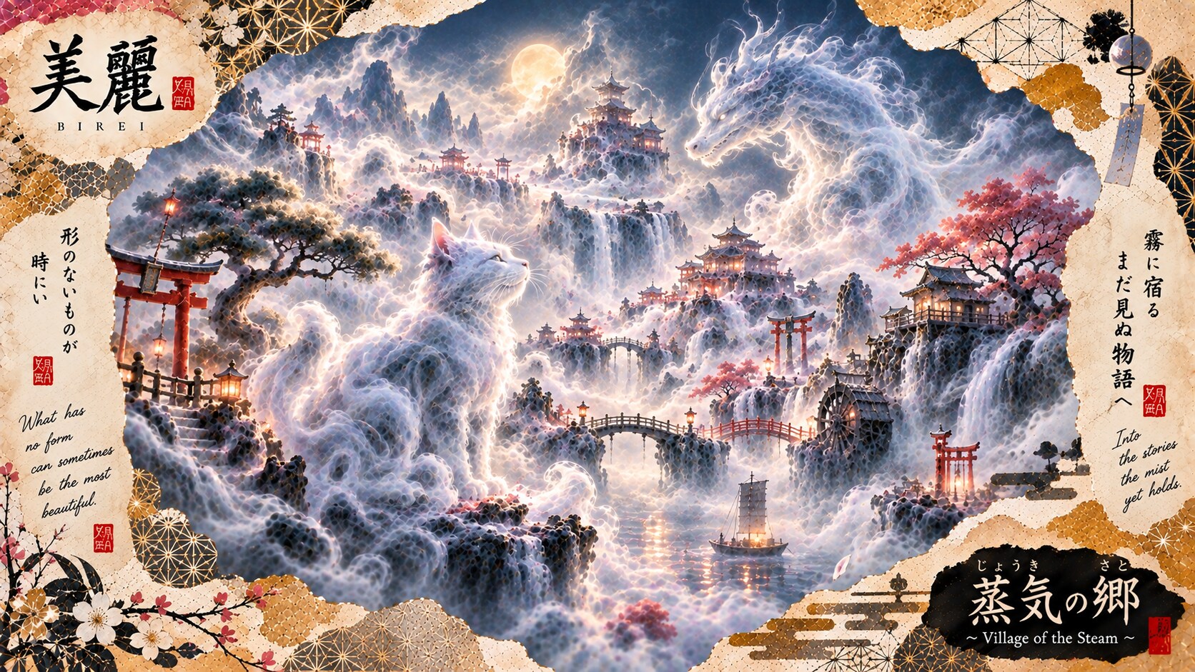 A cat made of mist watching over a steam-shrouded village, a dragon coiling through the clouds beyon | の人気AIイラスト・グラビア