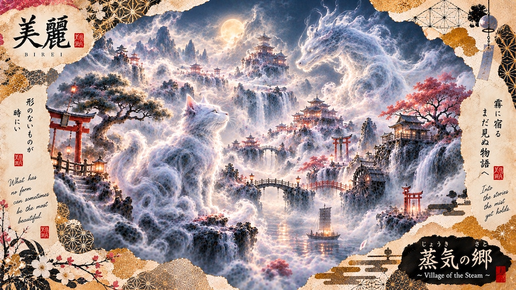 A cat made of mist watching over a steam-shrouded village, a dragon coiling through the clouds beyon