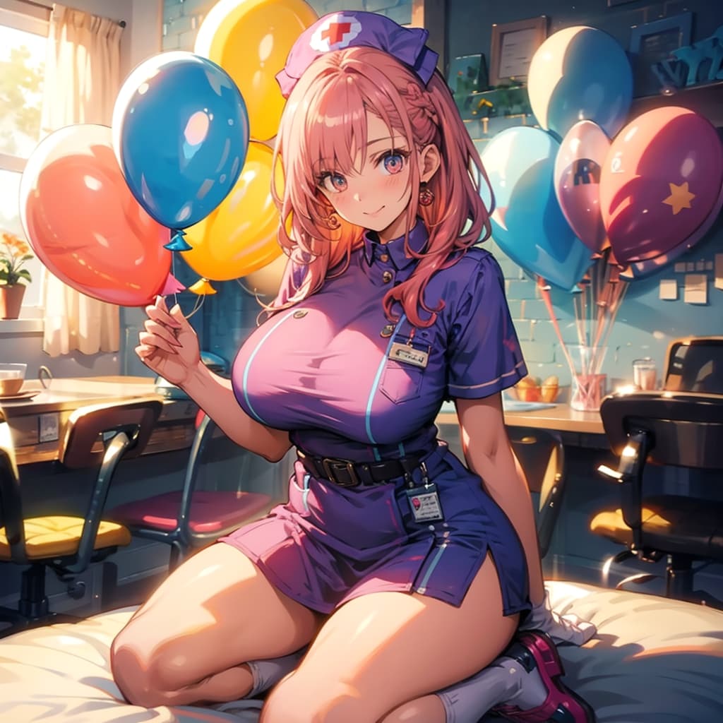 いっぱい色とりどりの風船を持つオレンジ髪ロングのナース服着た美女 | の人気AIイラスト・グラビア