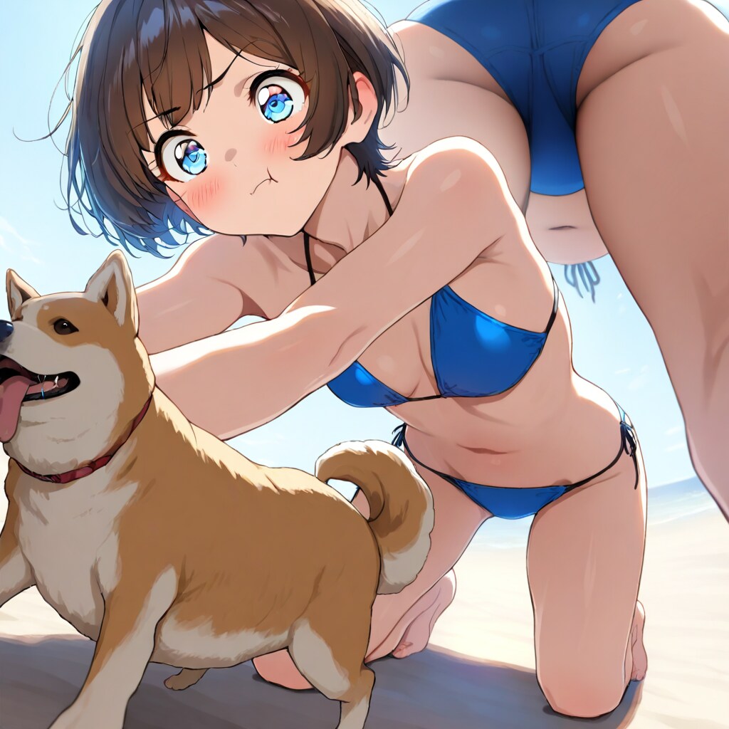青い水着とワンコとふくれっ面