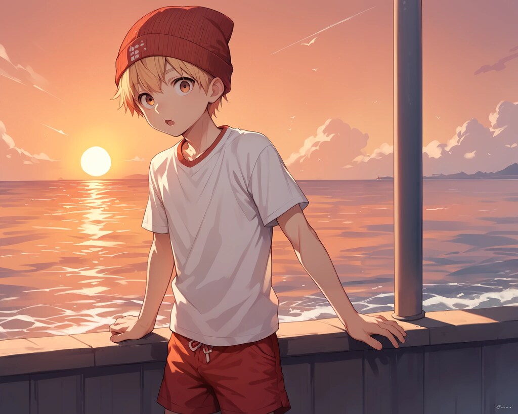夕日の海