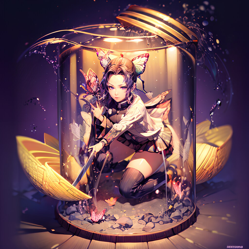 瓶アートと胡蝶しのぶが出会うファンタジー世界 - AIが描く美しく神秘的なボトルアート